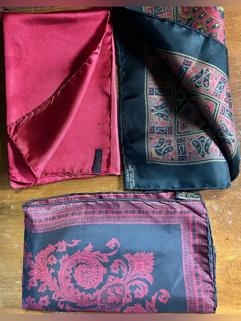 100% Silk Pocket Squares Set in Red and Black Vintage